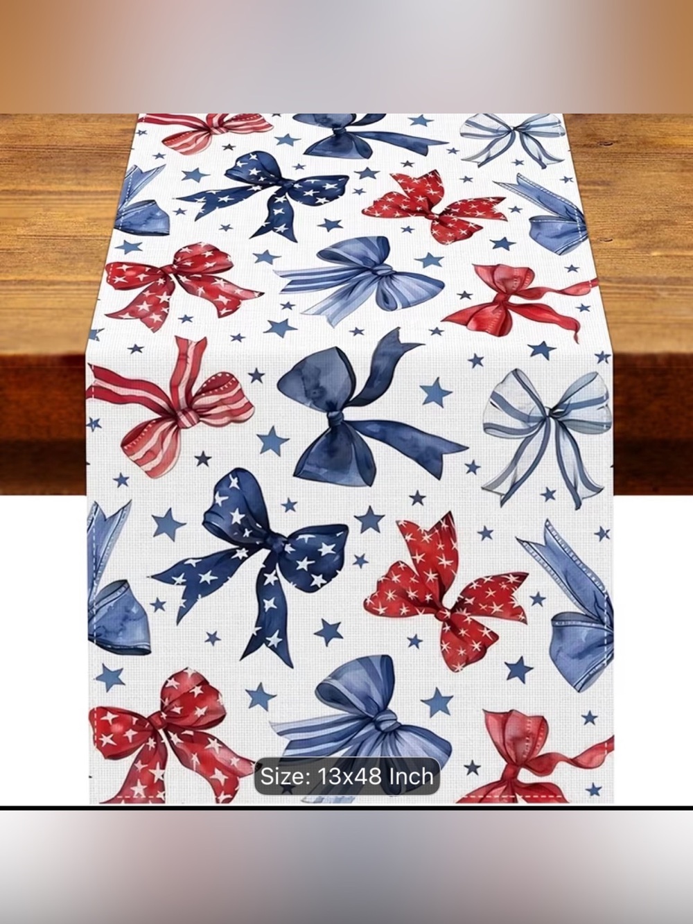 New Patriotic Patriotic Table Runner 13x48 Red White Blue Bows Stars 4th of July